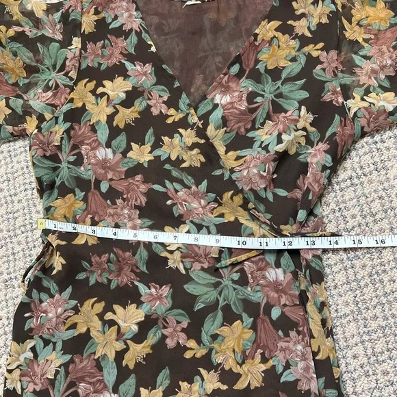 Vintage 1970s One of a Kind Brown Floral Semi-Sheer Wrap Dress - Picture 5 of 11